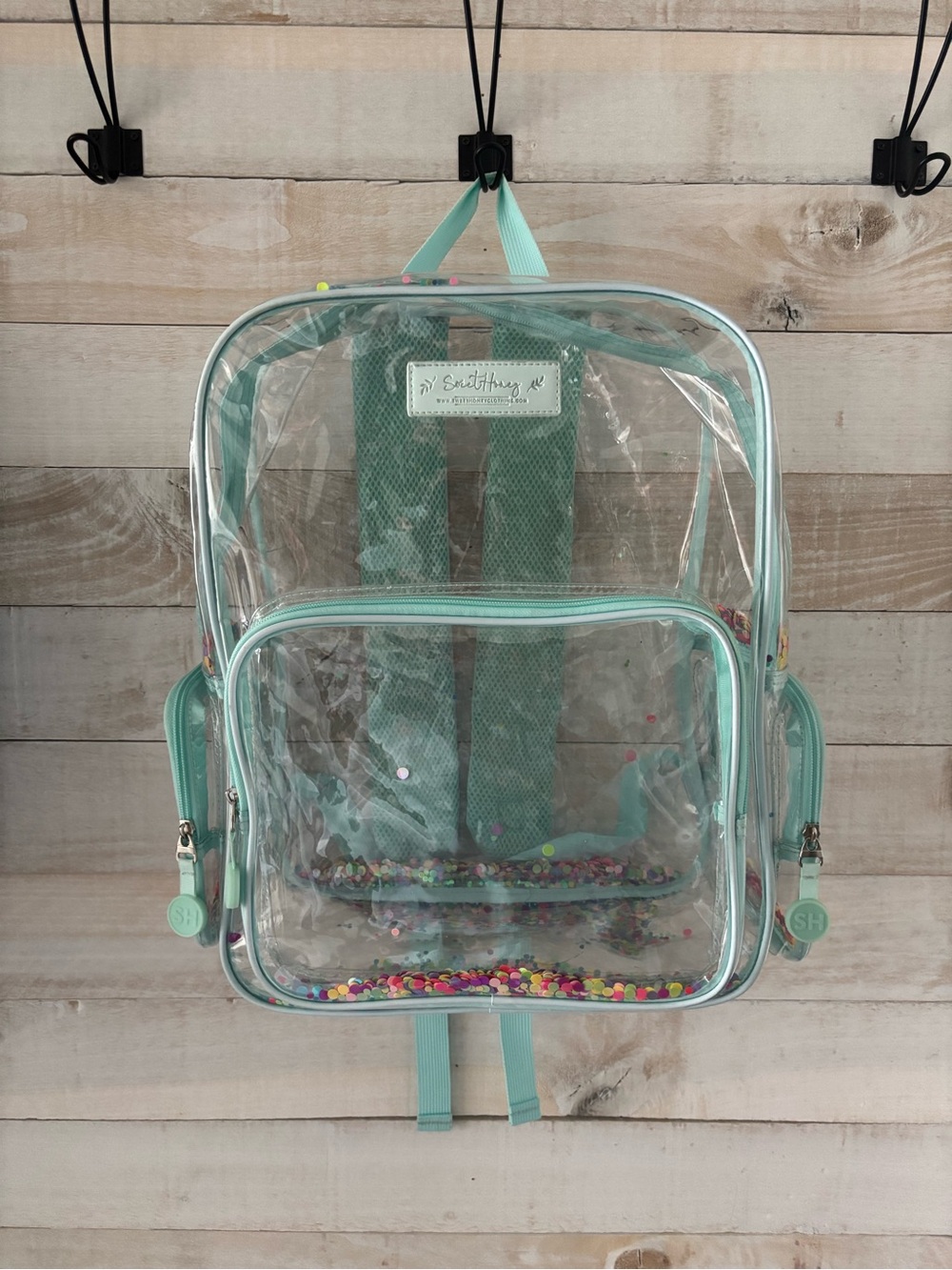 SweetHoney Clear Backpack with Mint Trim and Multicolor Confetti